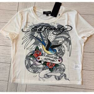 Ed Hardy NWT sheer crop poly, spandex top. Cream color.‎ Size L.